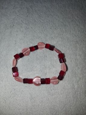 Pink and Red Heart Bead Stretch Bracelet - Handmade Jewelry